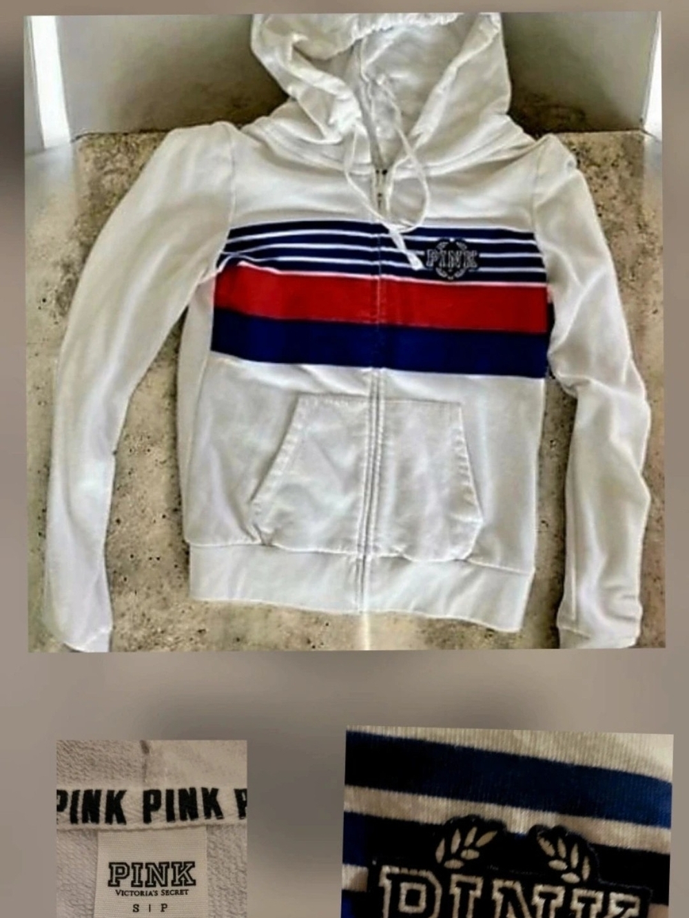 PINK Victoria's Secret White Zip Hoodie with Red & Navy Stripes